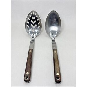 Arrowhead Ekco 10" Angled Slotted Solid Spoon Wooden Handle‎ USA Vtg Stainless